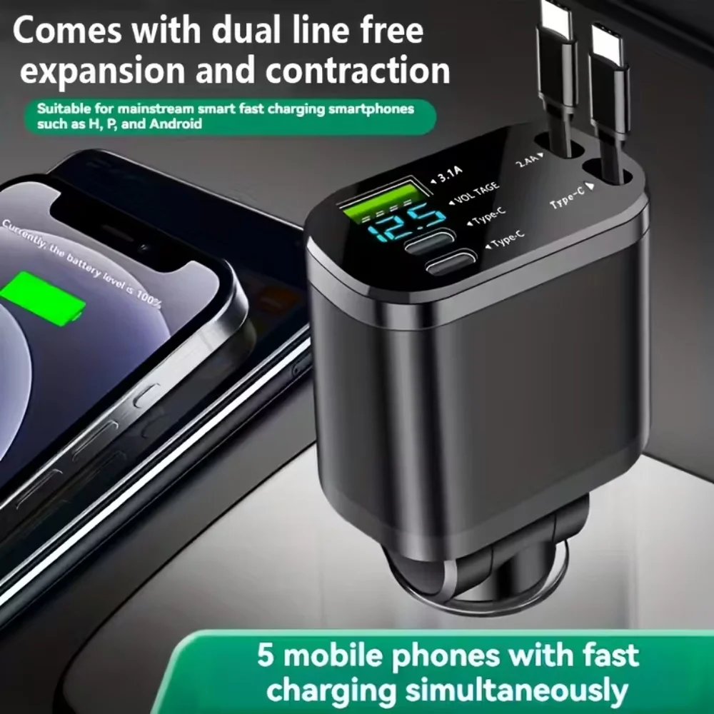 5-in-1 Fast Car Charger with 2 Retractable USB-C Cables, Dual USB-C PD Ports